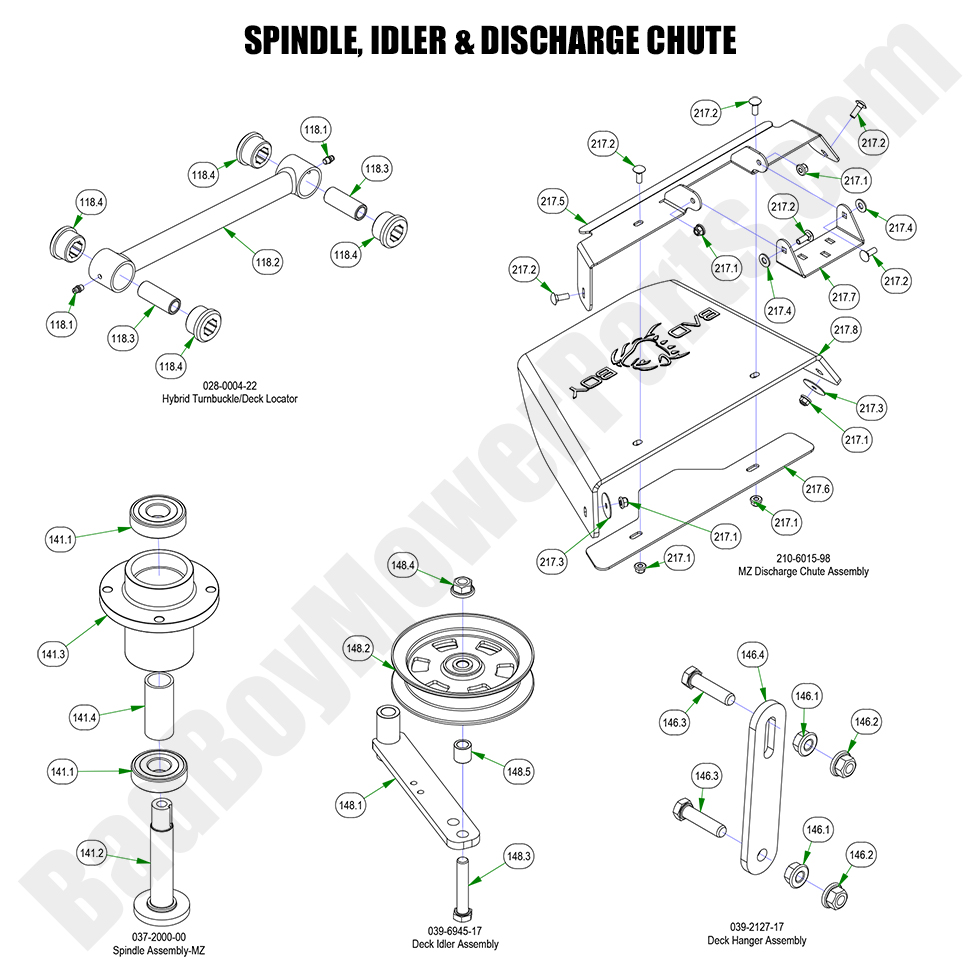 3323 - Bad Boy Mower Parts Lookup > 2023 > MZ Rambler > Spindle, Idler & Discharge Chute